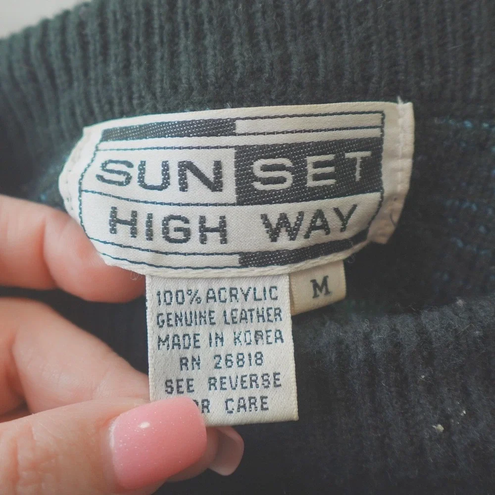 Vintage 90s 80s Knit Sweater Sunset Highway Men's Medium Leather Patchwork